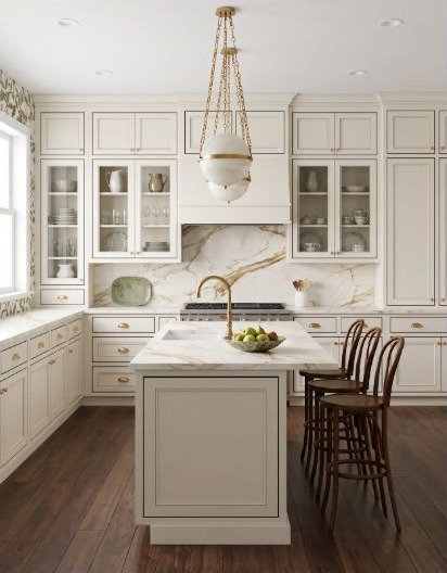 An off-white traditional kitchen with framed cabinet doors and detailed trim.