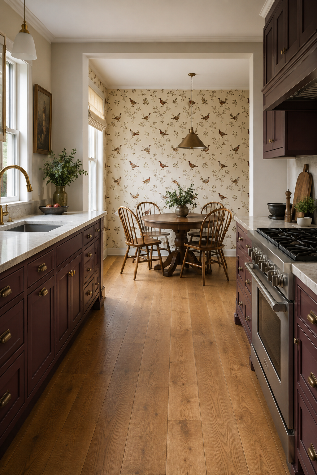 Concept image of a berry-toned galley kitchen with pheasant wallpaper in a separate breakfast alcove beyond the clear working aisle.
