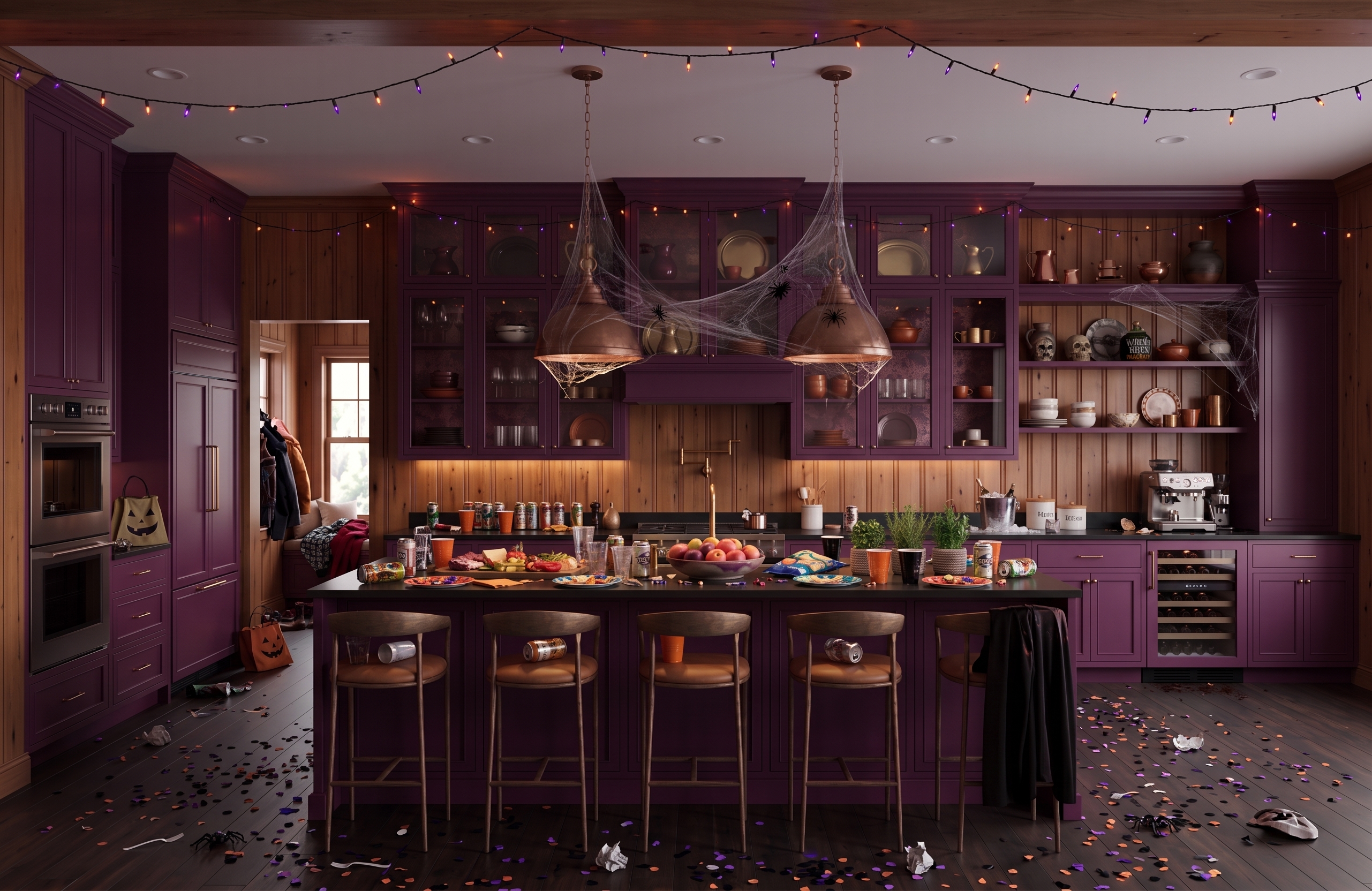 Anna design concept showing purple, contrasting materials, cabinetry and layered interior details.