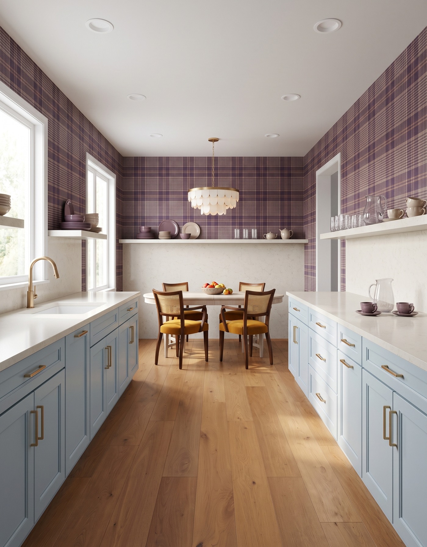 AI-created concept: Smoky-blue cabinets with plum plaid, a pale breakfast table and mustard cane-back chairs.