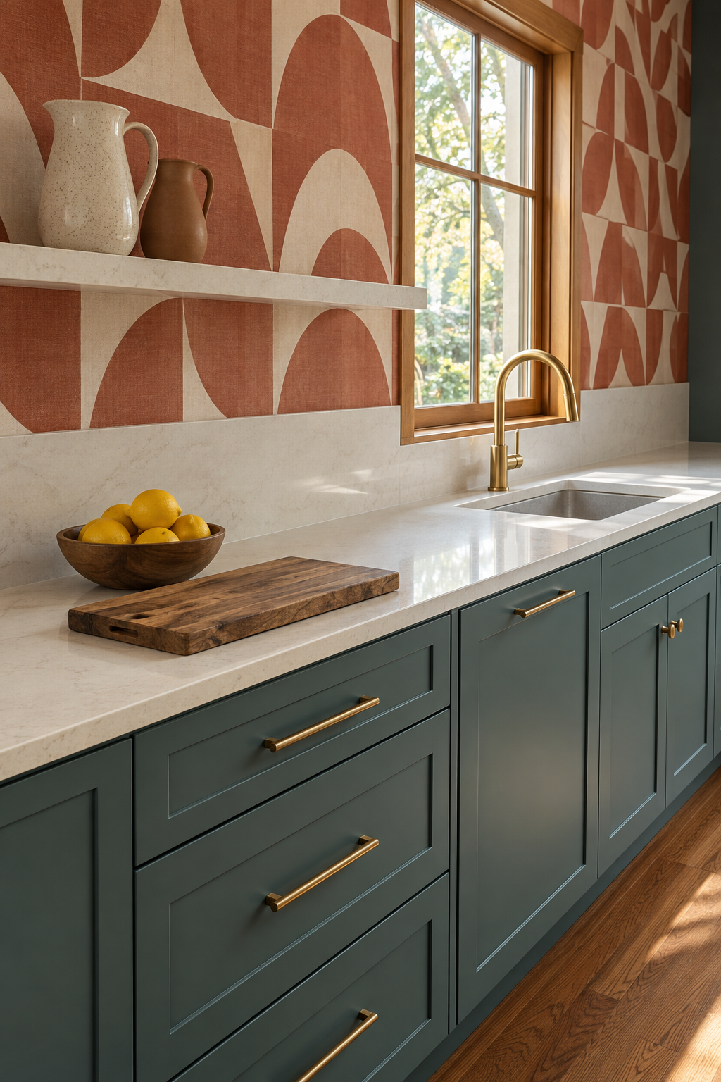 Generated kitchen concept with teal cabinetry, terracotta geometric wallpaper, and a clear preparation counter beside a sink with closed base doors.