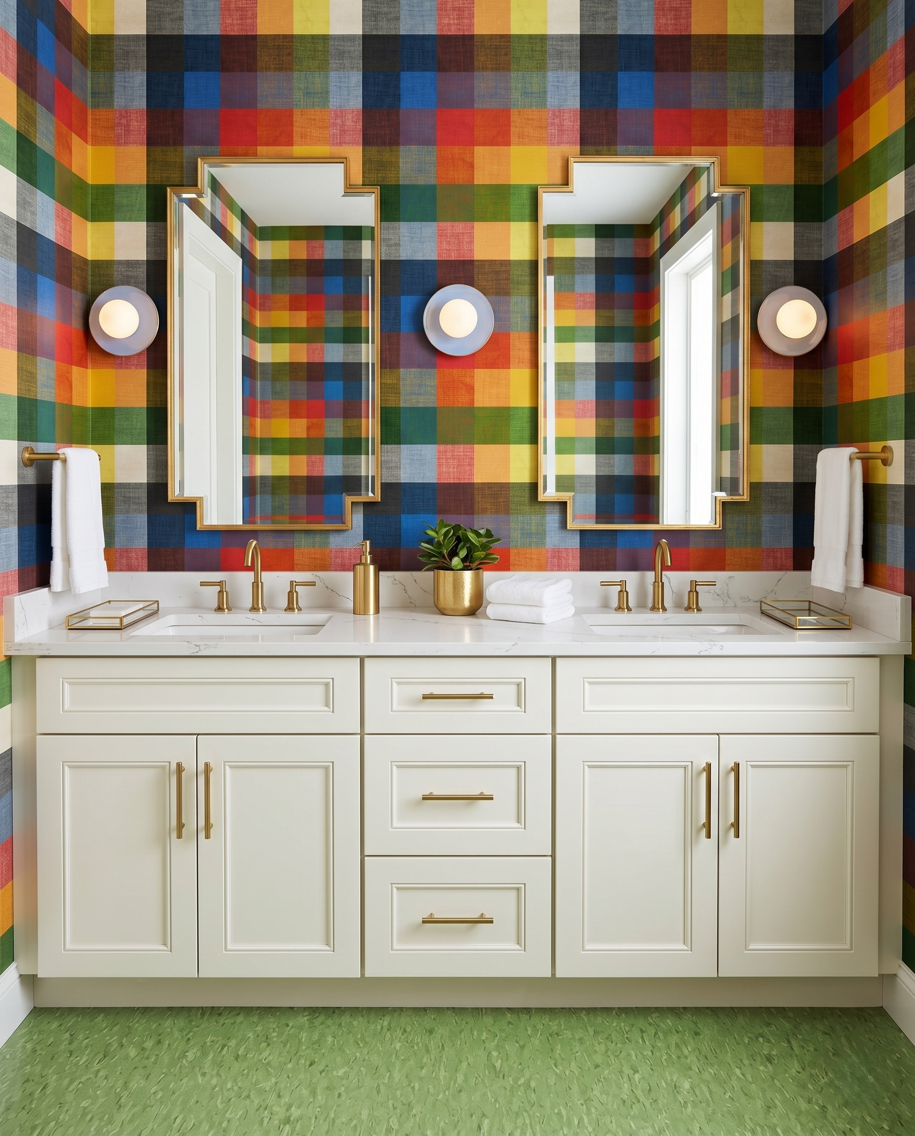 Cream double vanity below multicolor plaid walls, stepped gold mirrors and round pale lavender sconces, with a green floor.