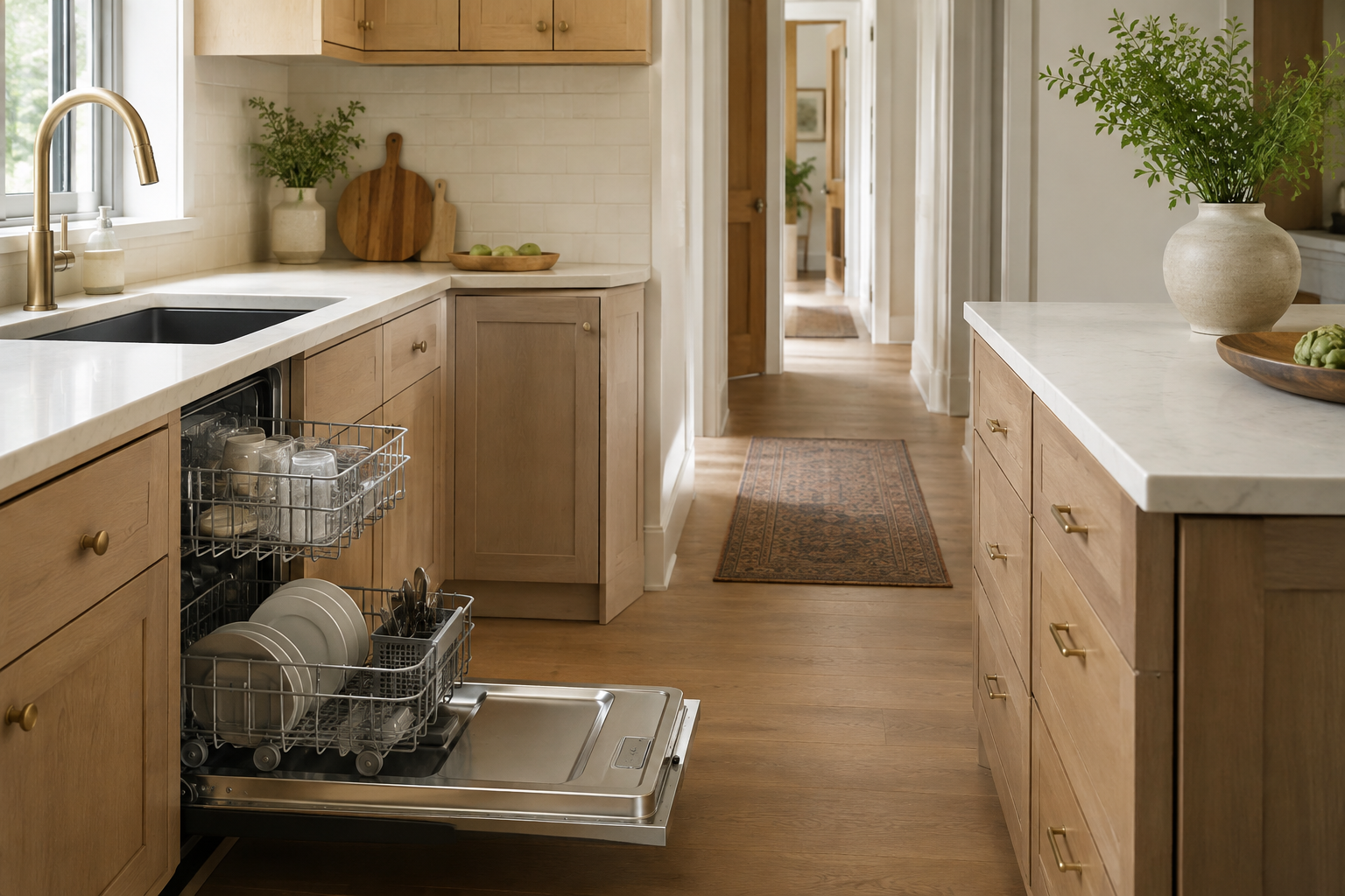 Dishwasher zone with alternate aisle line and practical floor-space movement.