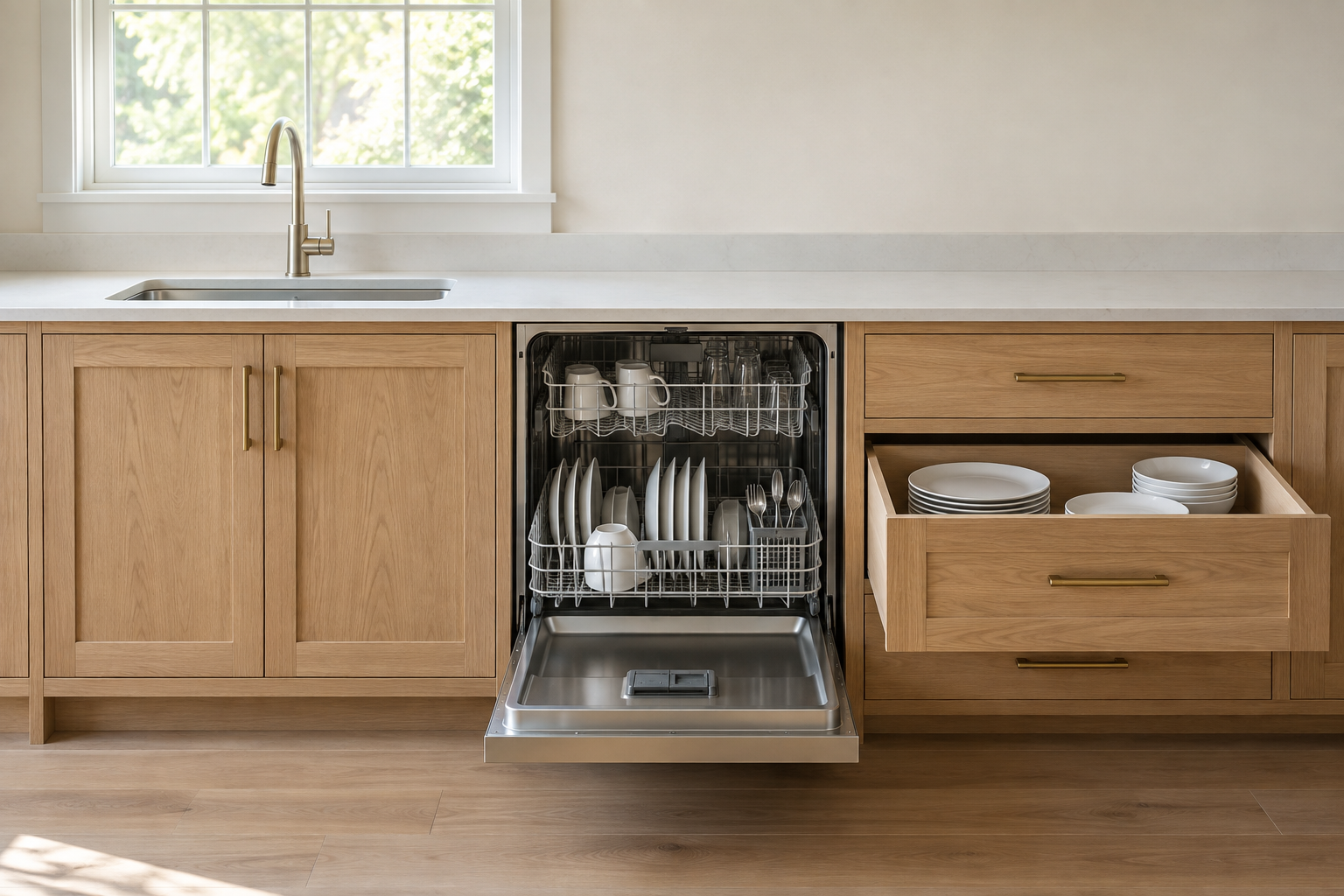 Open dishwasher between a closed sink base and a separate dry-storage drawer holding plates; the sink is entirely above its own cabinet.