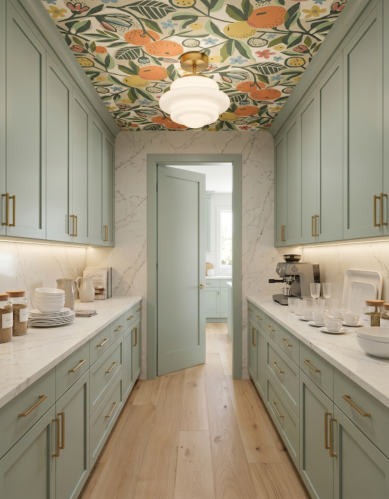 Concept image of a pale blue pantry with orange botanical accents on the ceiling and backsplash.