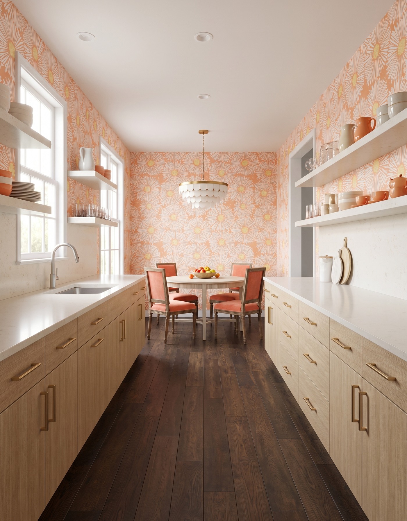 AI-created concept: Natural-oak cabinets and peach daisy wallpaper with coral chairs and a pale breakfast table.
