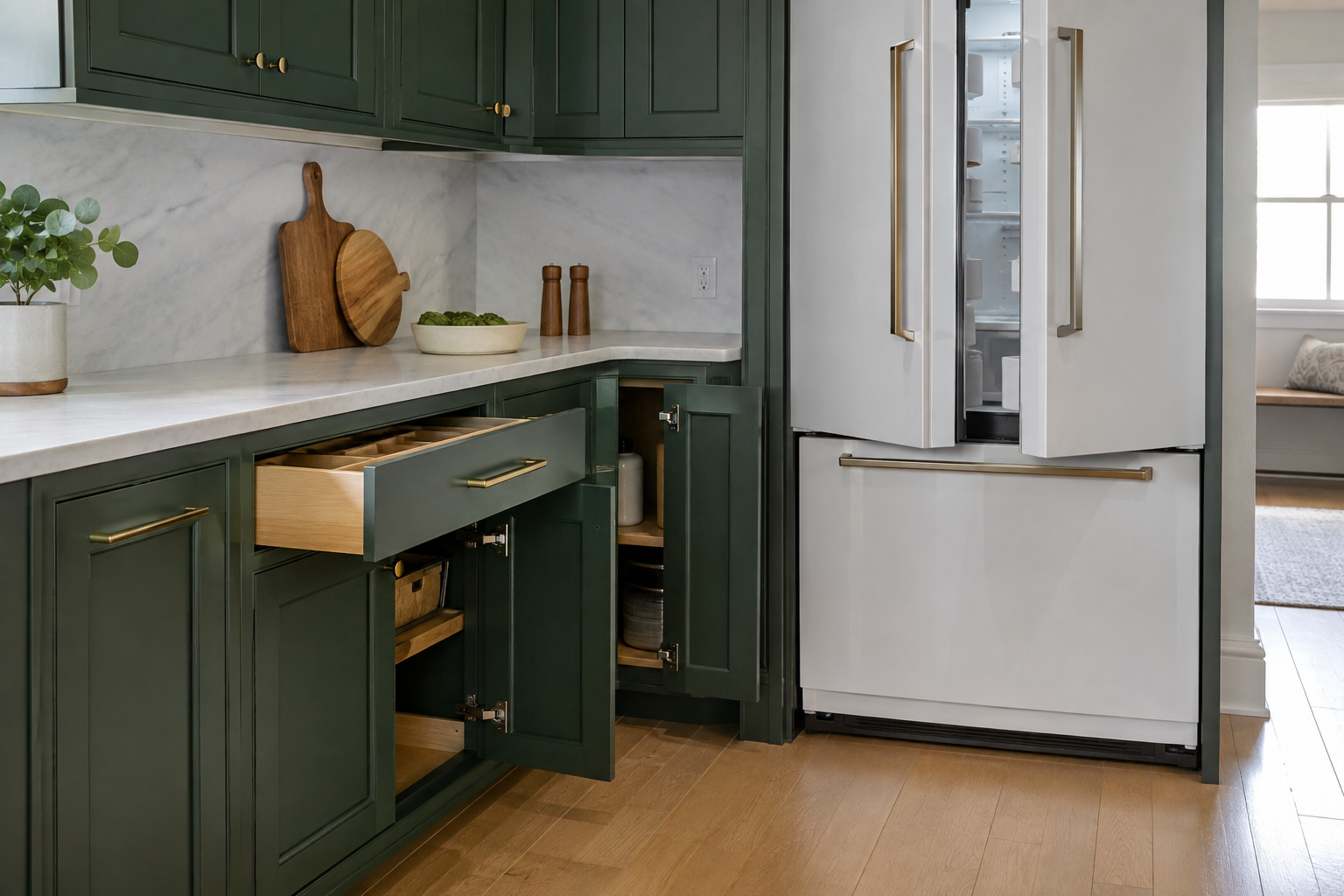 Complete green cabinets, a corner drawer and door, and a French-door refrigerator open without intersecting because fillers protect the clearances.