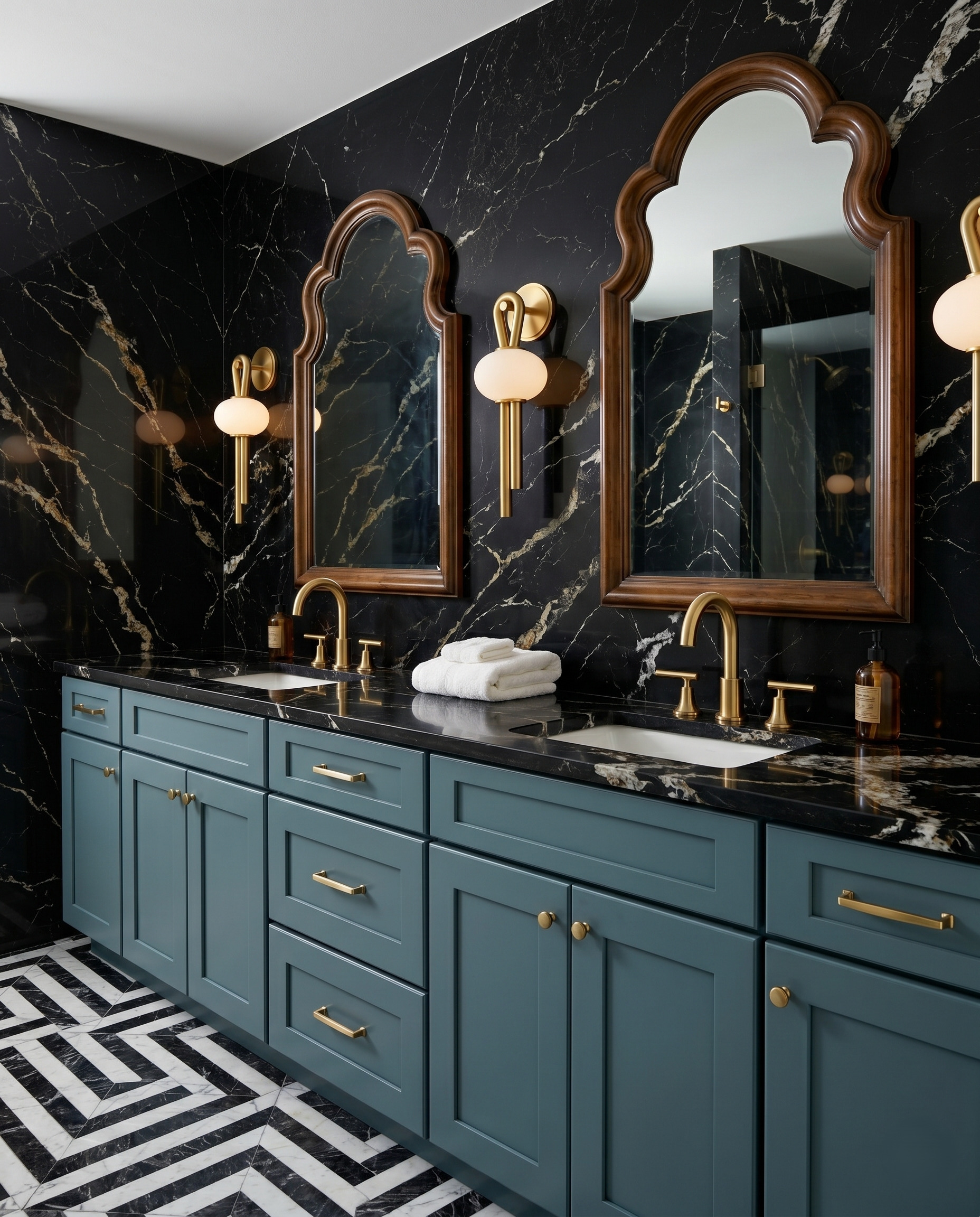 Smoky blue double vanity beneath black veined walls and curved wood mirrors, with gold globe sconces and a black-and-white zigzag floor.