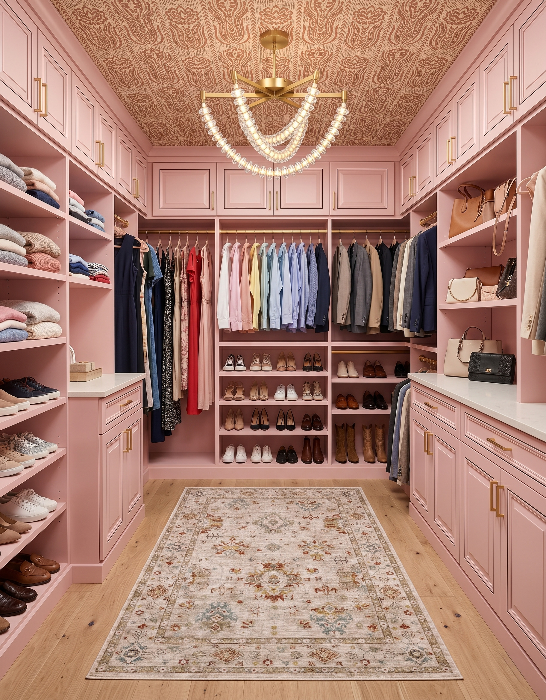 Pale rug with a botanical border on light wood flooring inside a dusty pink U-shaped closet with a glass chandelier.