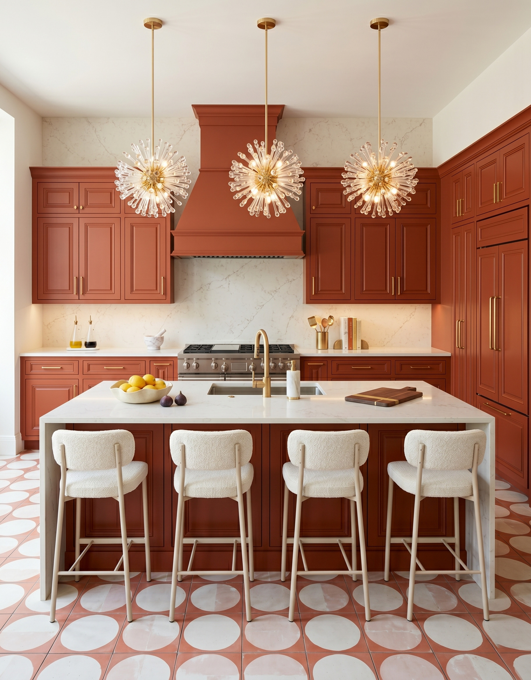 Anna design concept showing orange, white, contrasting materials, cabinetry and layered interior details.