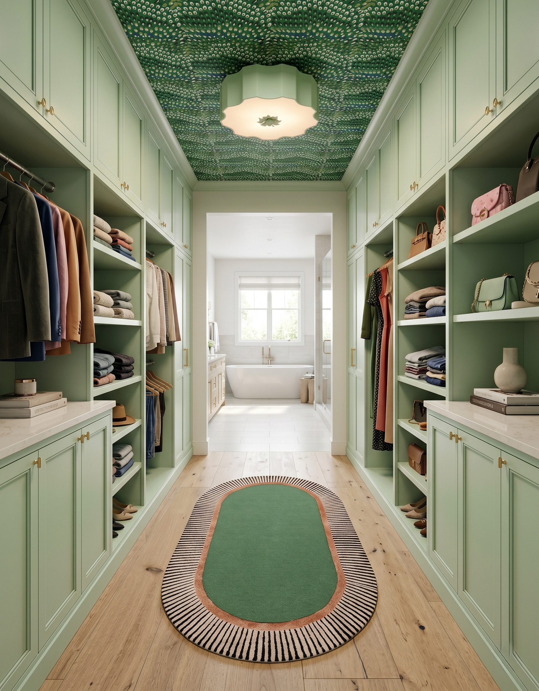 Sage-green pass-through closet with a darker green patterned ceiling, scalloped green light and oval rug, opening toward a bright bathroom.