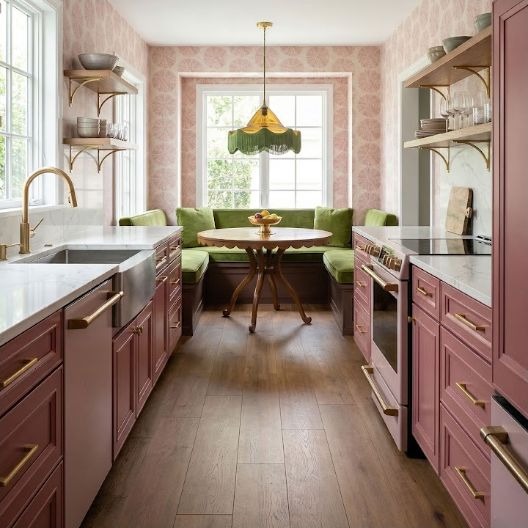 A narrow pink kitchen with warm lighting and a strong tonal color story.