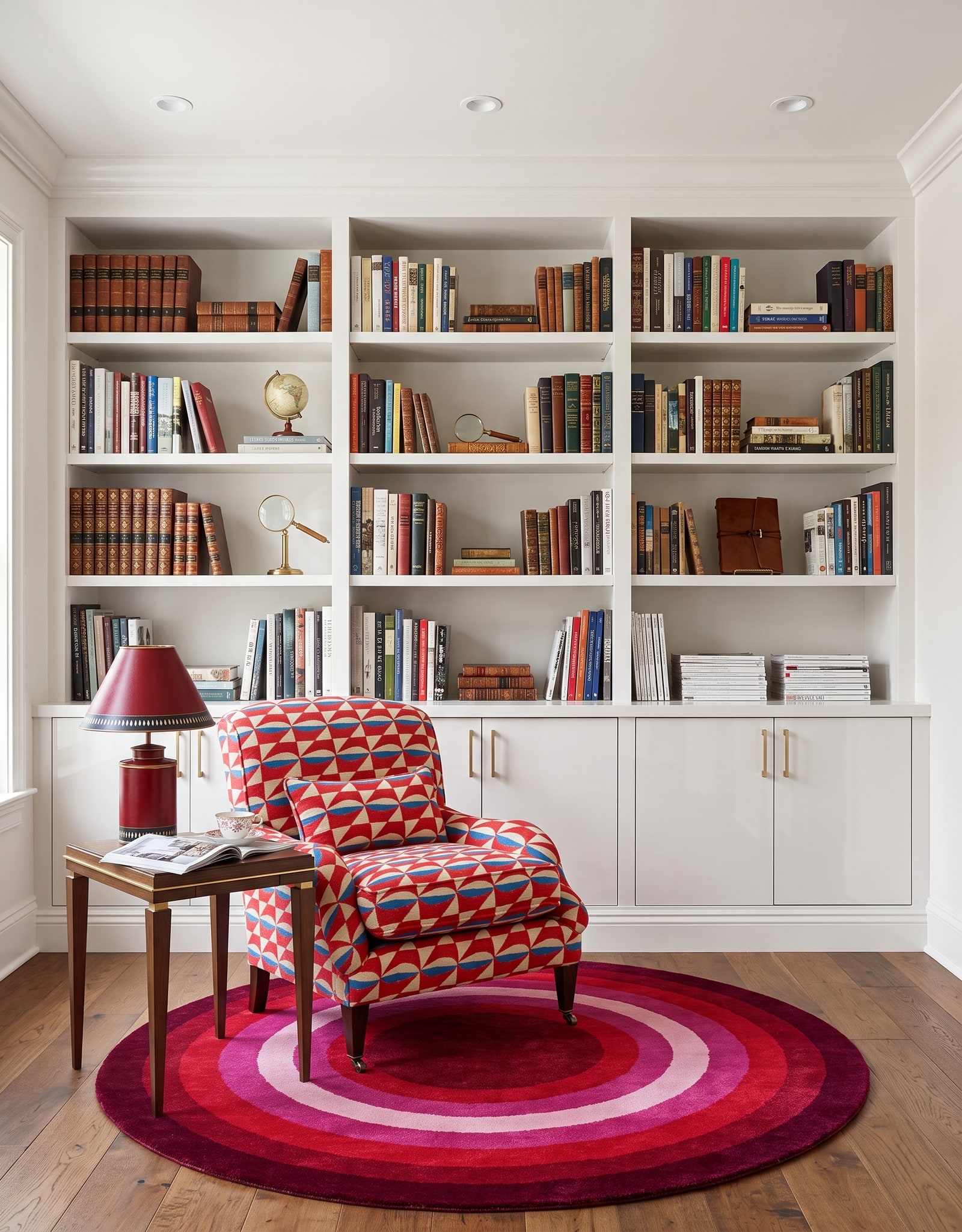 A white bookcase wall beside a window with supported shelves, closed base cabinets, and a red patterned reading chair.