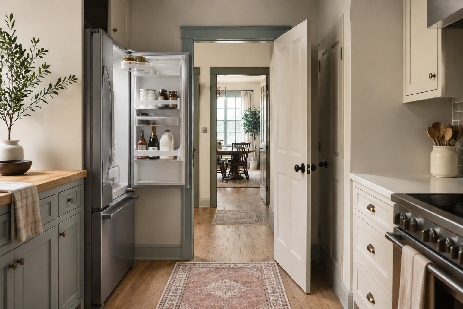 Kitchen passage with the room door and refrigerator door open at the same time.
