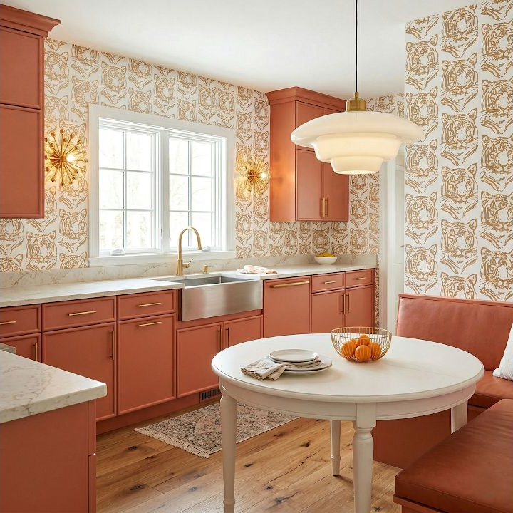 Concept image of a peach kitchen nook with warm wood flooring, patterned walls, a round table, and a large window.