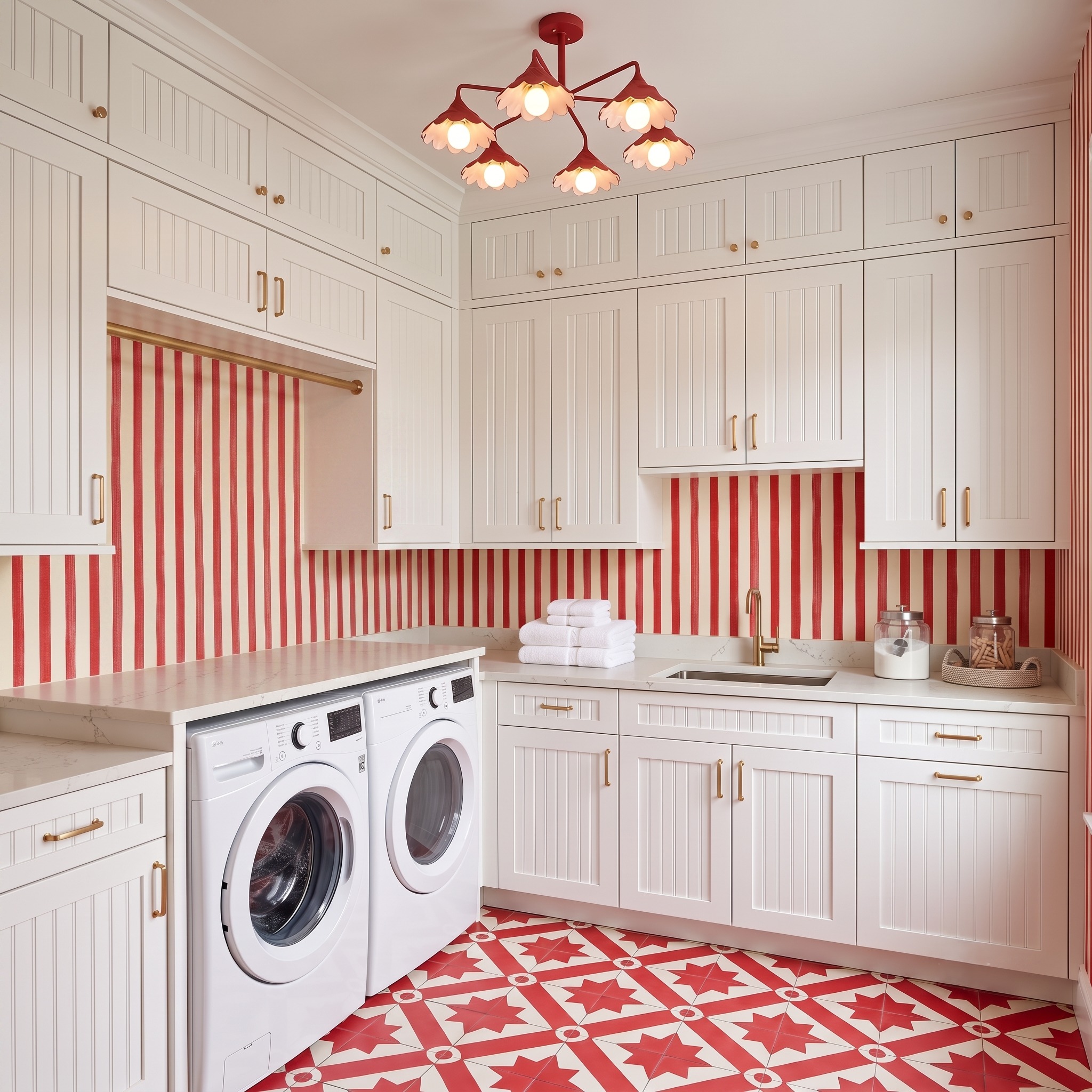 White laundry cabinetry with tall storage, a long counter, red striped wall, and red patterned floor.