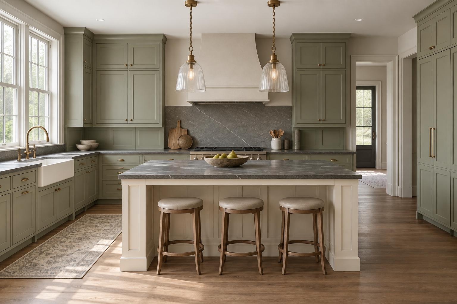 Sage kitchen with a cream island, three round stools and two clear fluted-glass bell pendants on brass chains.