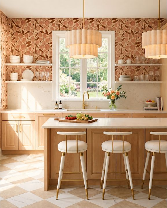 Concept image of a peach and light wood kitchen with stools at an island positioned near a large window.