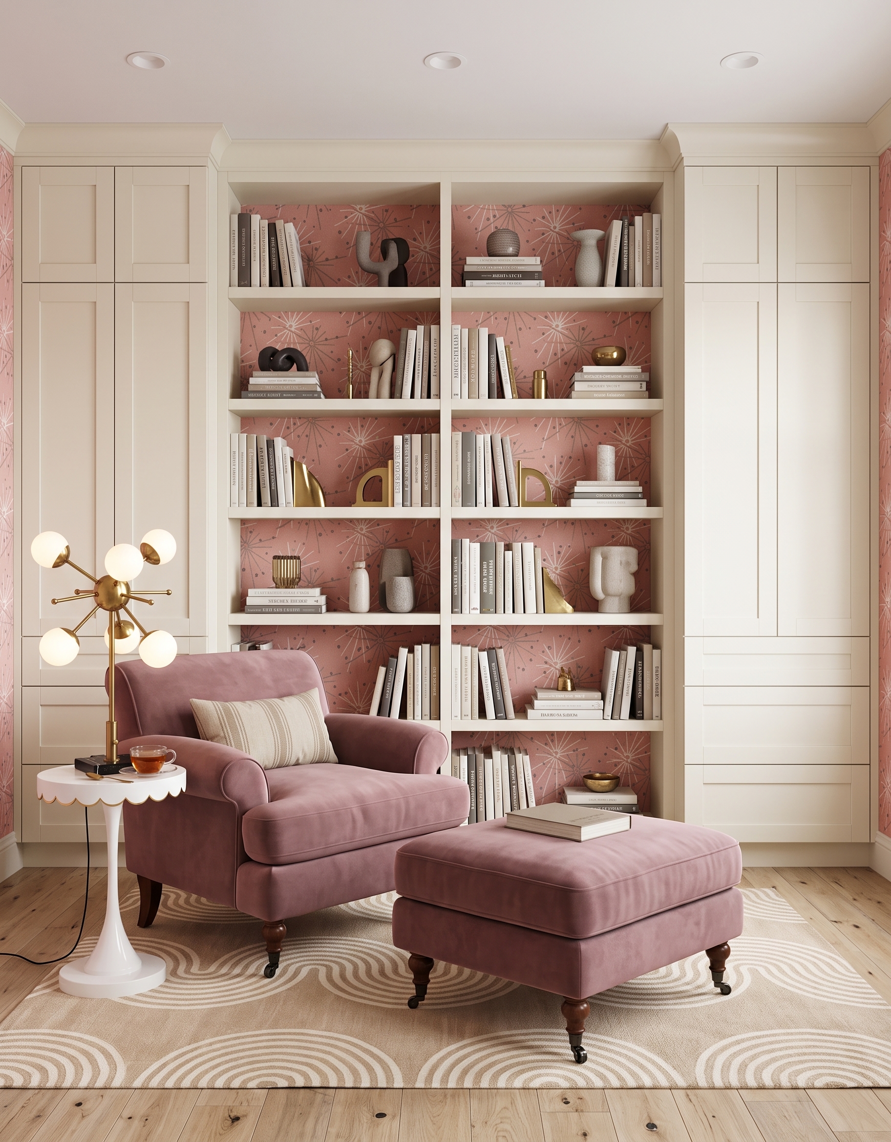 Cream built-in library concept with dusty-pink starburst wallpaper, a mauve chair and ottoman, a brass globe lamp and a pale wavy rug.