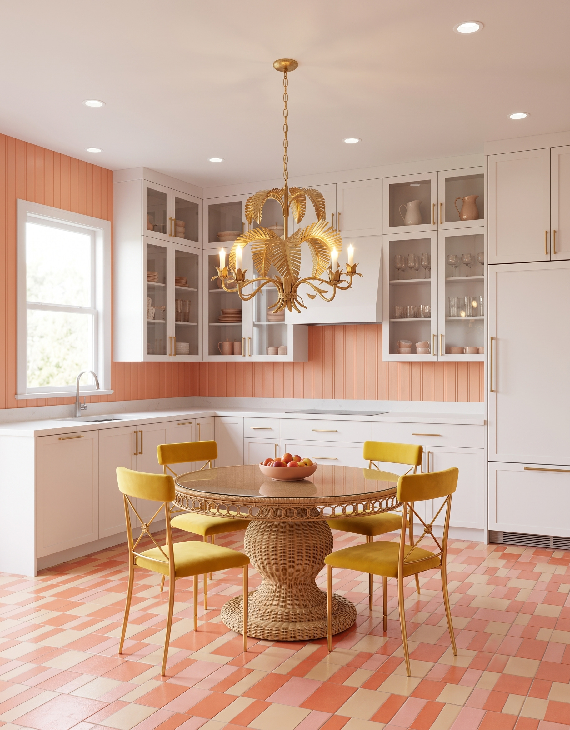 Mustard upholstered chairs surround a woven glass-topped table beneath a gold palm chandelier, with peach beadboard, pale cabinets and a peach checked floor.