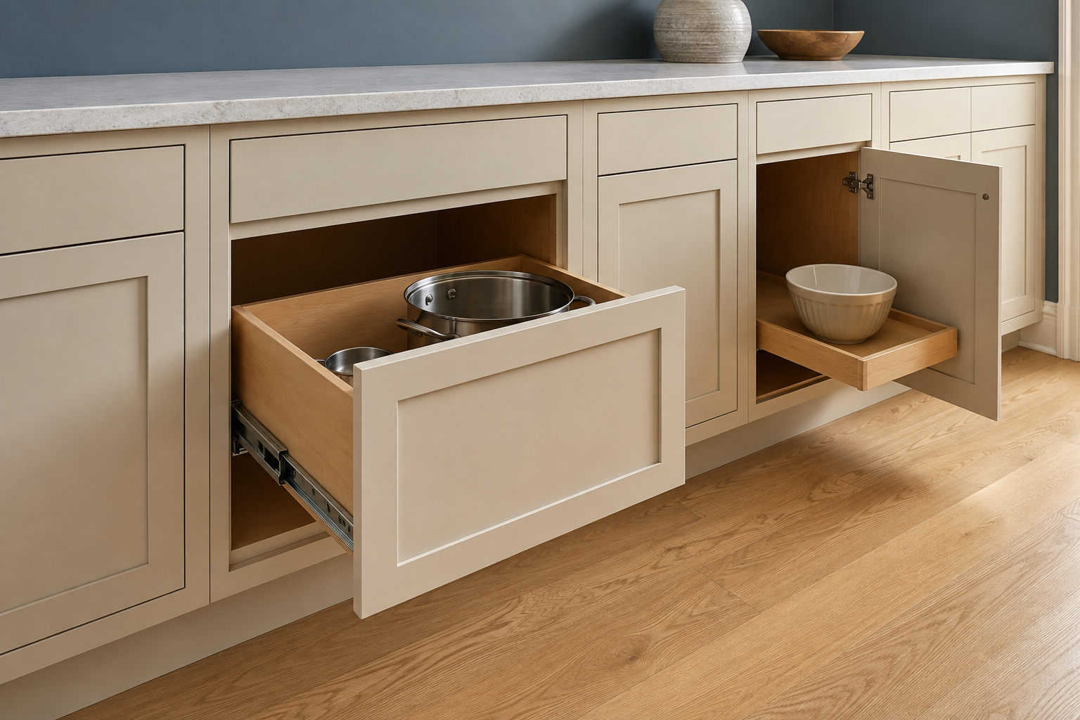 Cream base-cabinet concept with a deep pot drawer beside an open hinged cupboard and an extended low-sided wooden tray.