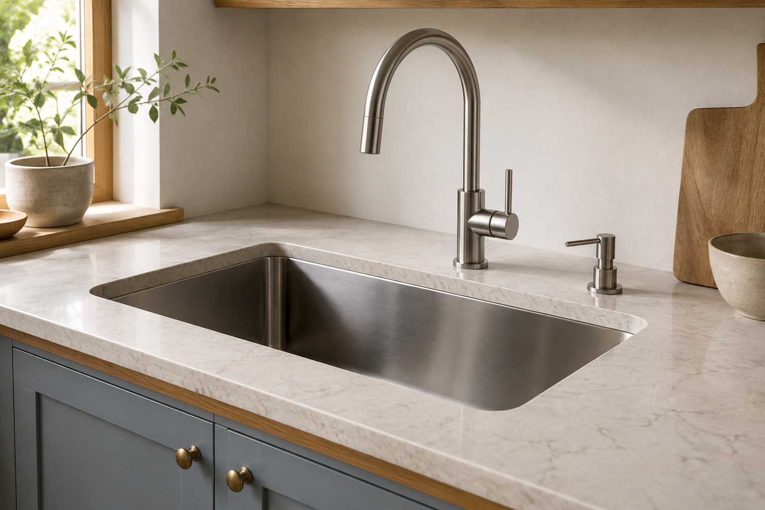 Correctly installed undermount stainless-steel sink with one arched single-lever faucet and one separate soap-dispenser pump through a supported stone deck.