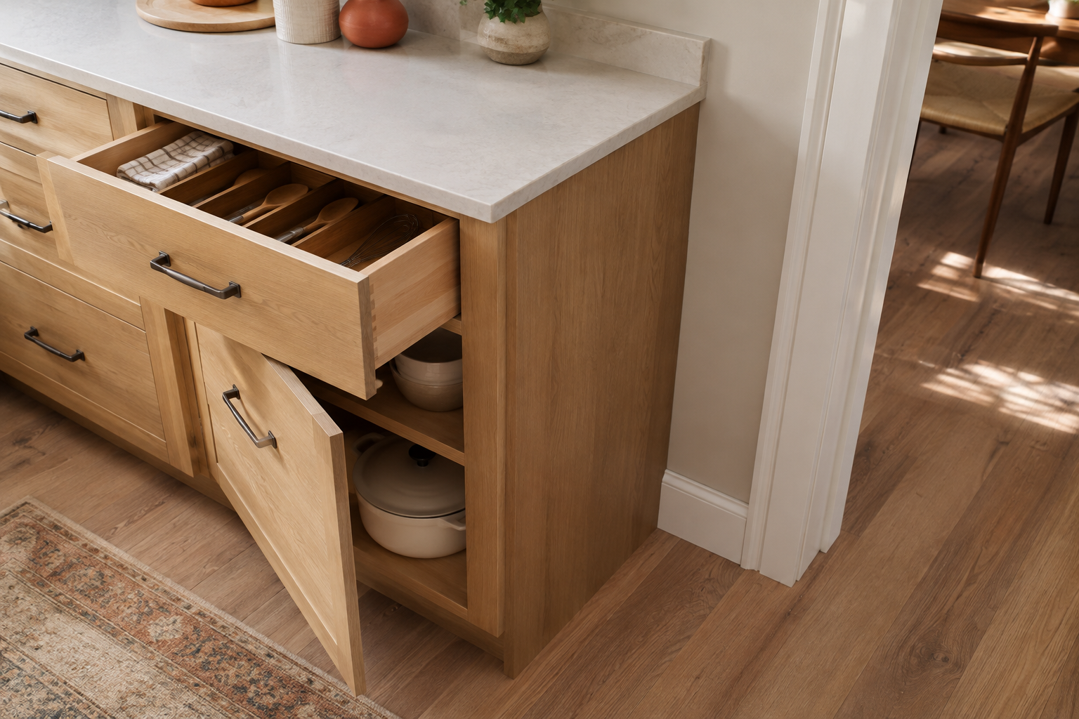 Base cabinet beside a wall with its drawer and door open clear of casing and hardware.