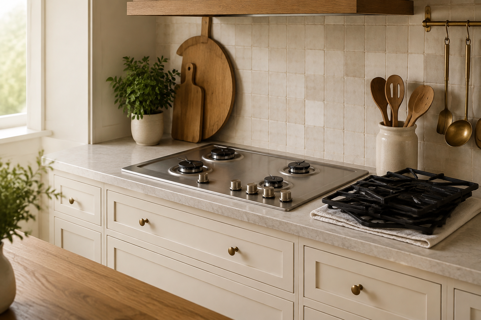 Clean unbranded cooktop with removable grates resting on a folded protective towel beside it.