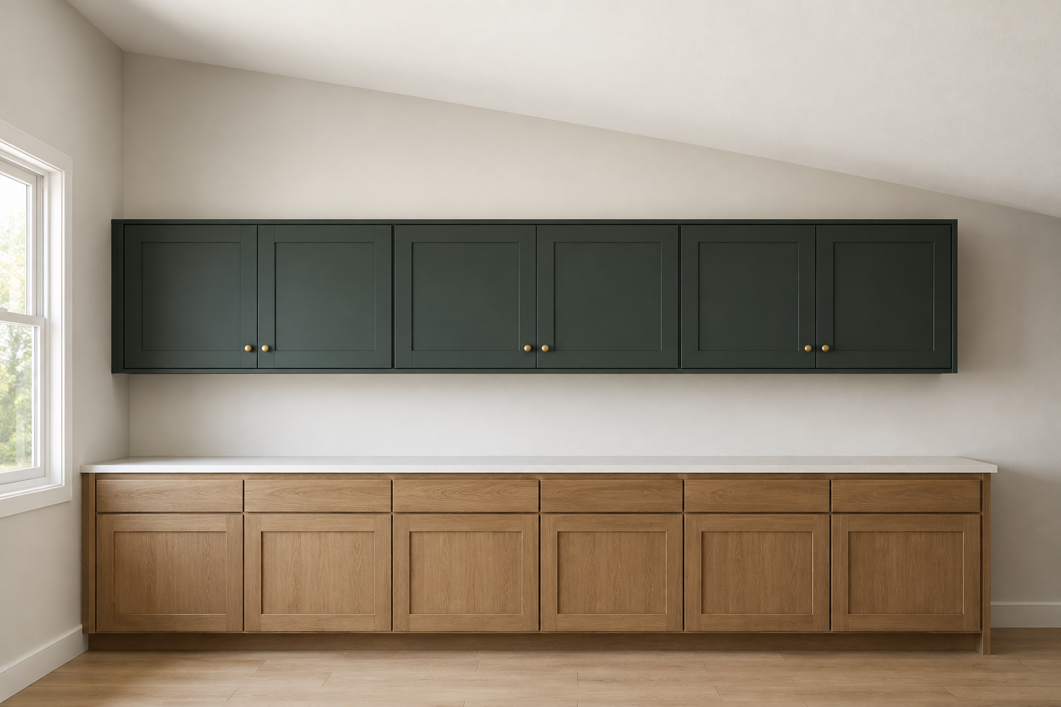 Straight run of level cream cabinets remaining fully below a sloped ceiling with a clear continuous gap.