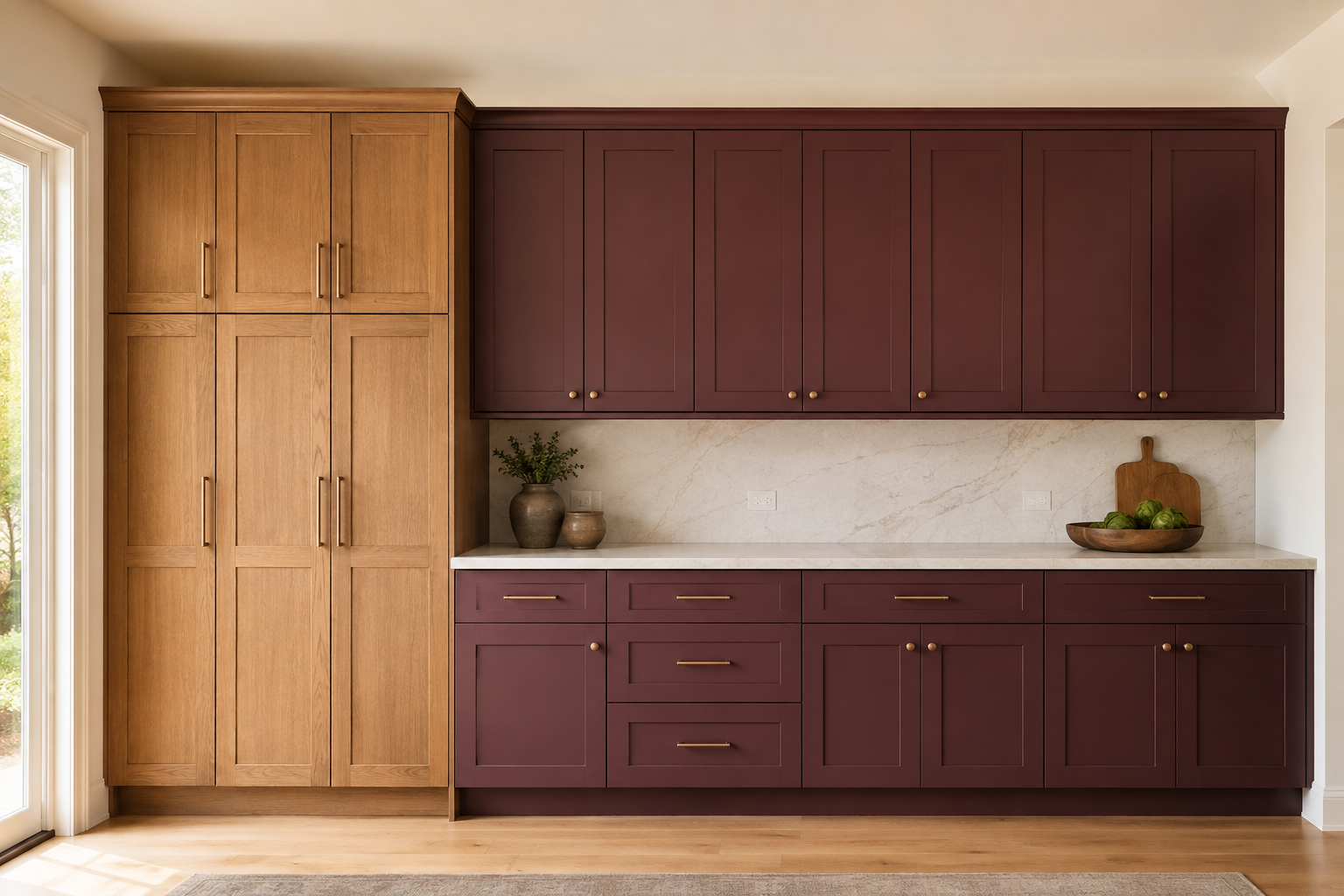 Straight kitchen wall with one complete block of stained natural-oak tall cabinets beside a continuous muted-burgundy painted cabinet run.