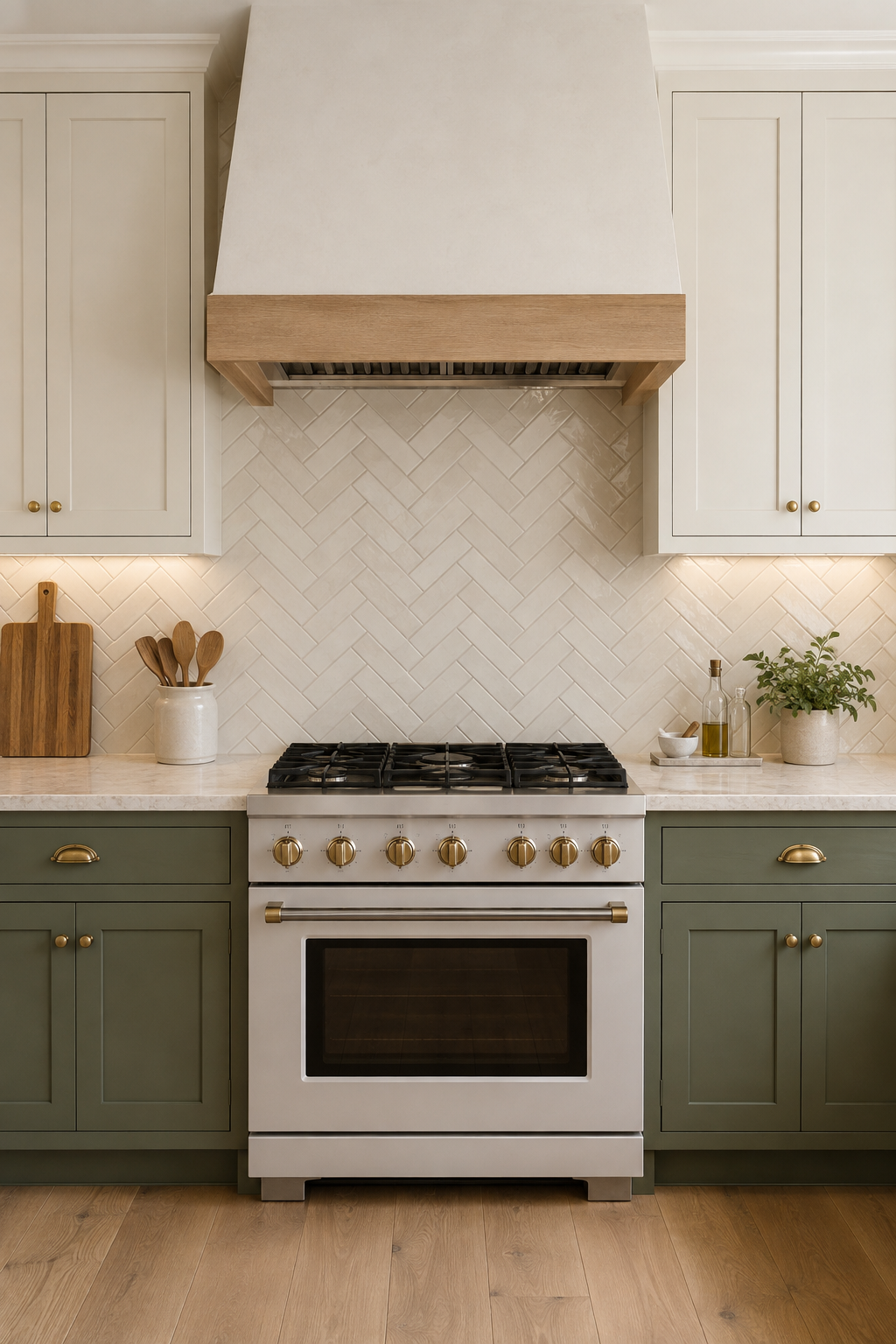 A cream herringbone backsplash shown at full scale across a centered, properly vented range bay.