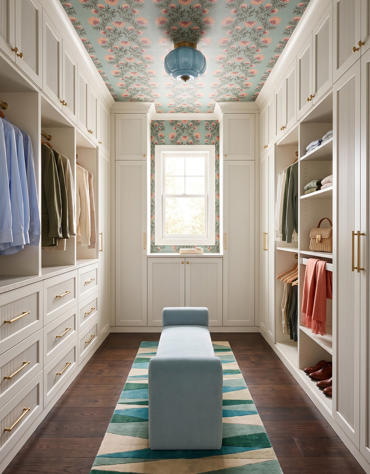 AI-created concept: White reeded closet cabinetry pairs coral-and-aqua floral wallpaper with a blue bench and teal rug.