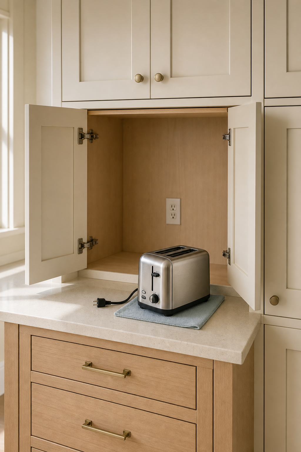 Unplugged toaster pulled onto a cloth in front of an empty open appliance cabinet with a reachable rear outlet.