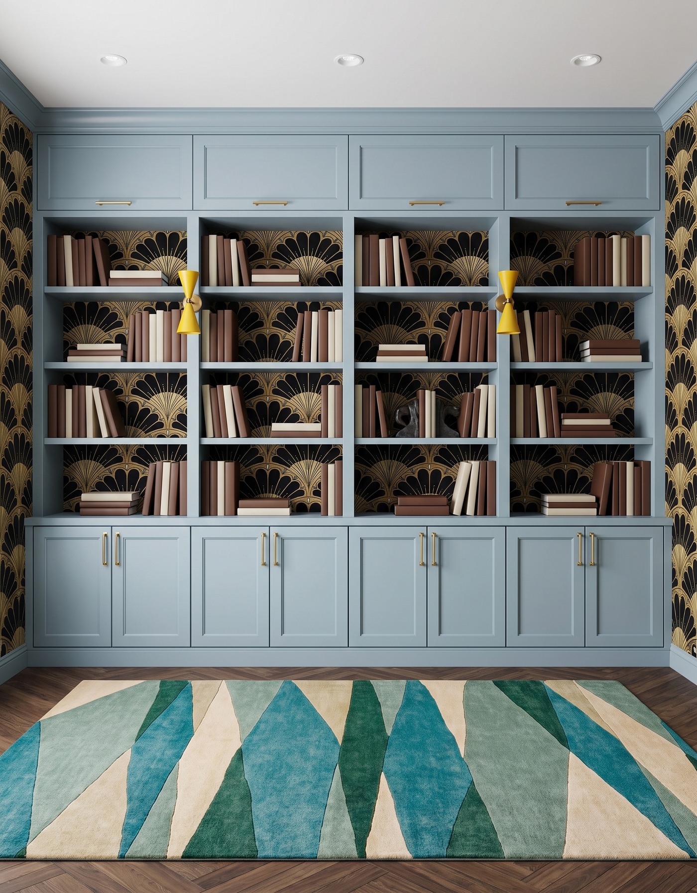 Library with pale blue framed cabinets, black-and-gold fan wallpaper, brown herringbone floor, teal-and-cream angular rug, mustard hourglass sconces and brown-and-cream books.