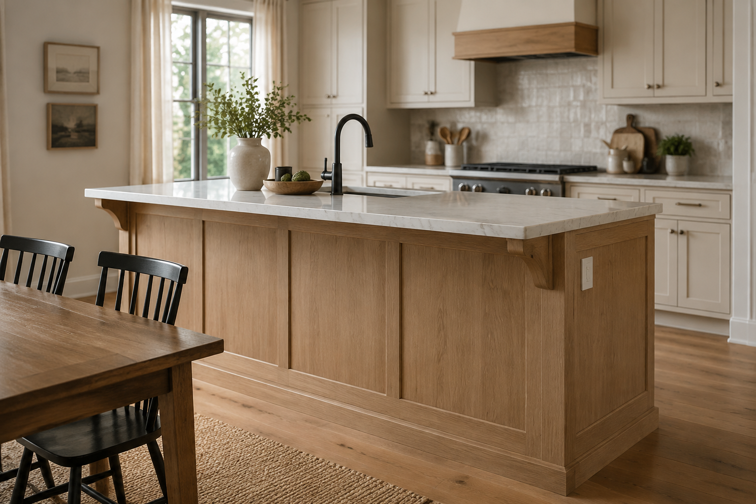 Kitchen island with a finished paneled back, coordinated end panels, and a supported countertop overhang.
