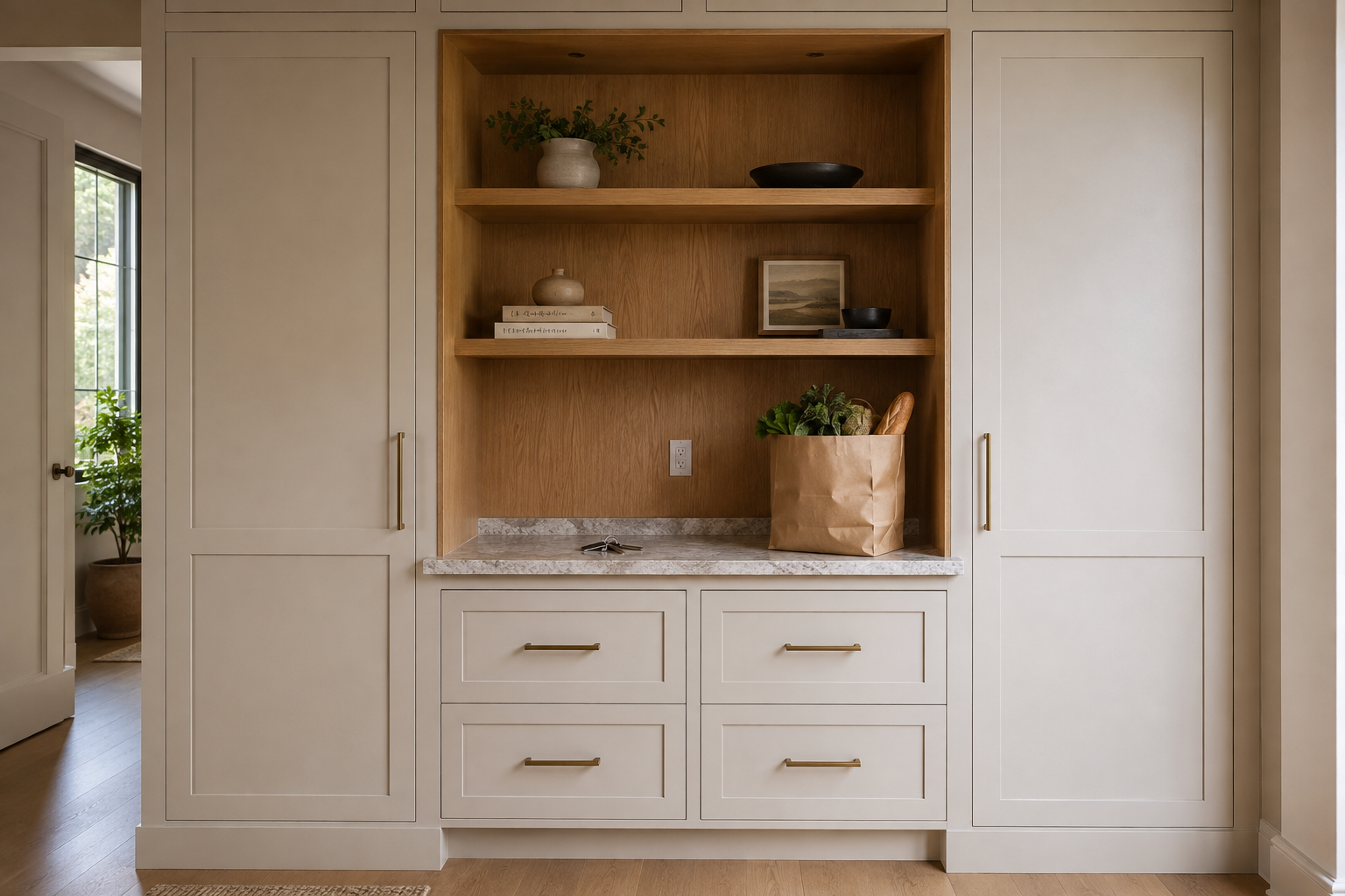 A supported built-in hutch has an oak-lined recess, outlet, stone landing counter, closed drawers to the toe kick, and pantry doors on both sides.