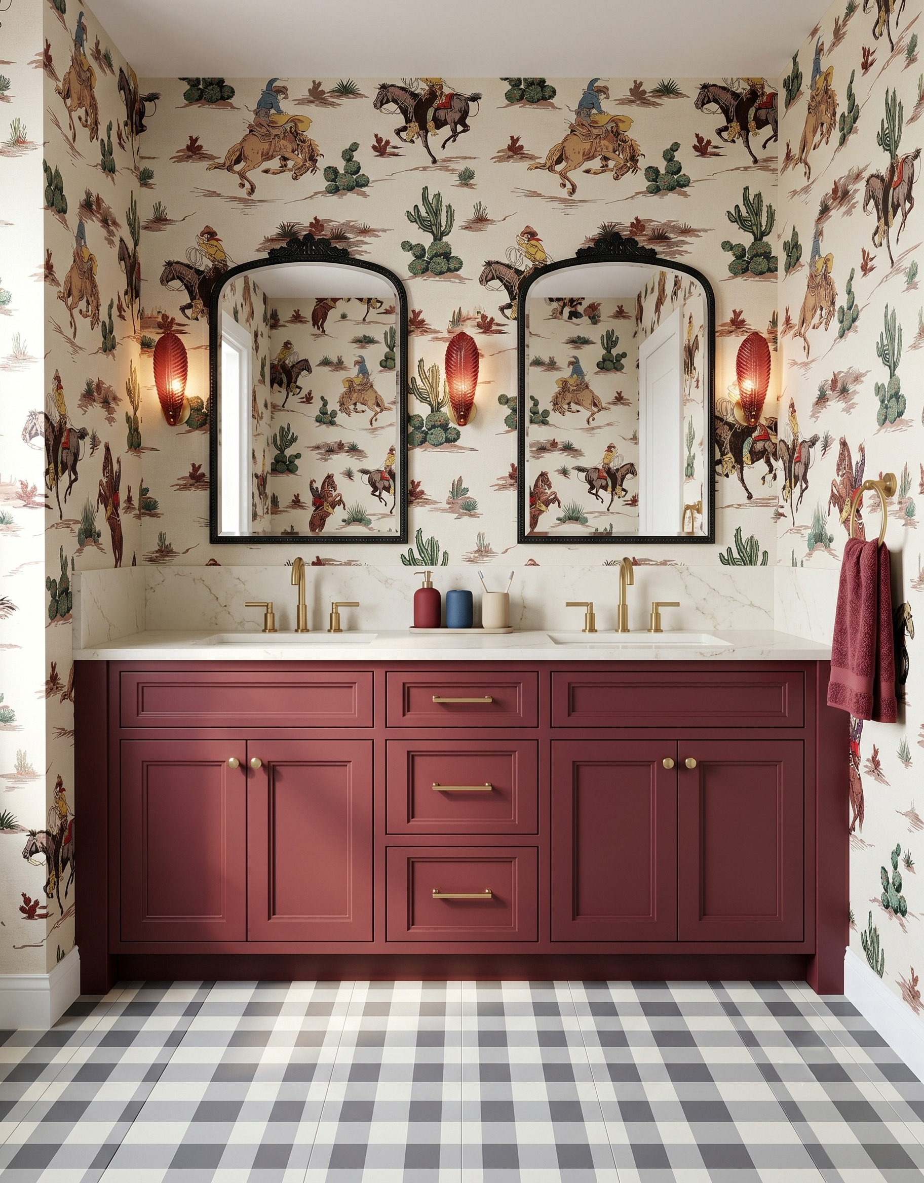 Wine-red double vanity with illustrated Western wallpaper, black arched mirrors, red sconces and a gray checked floor.