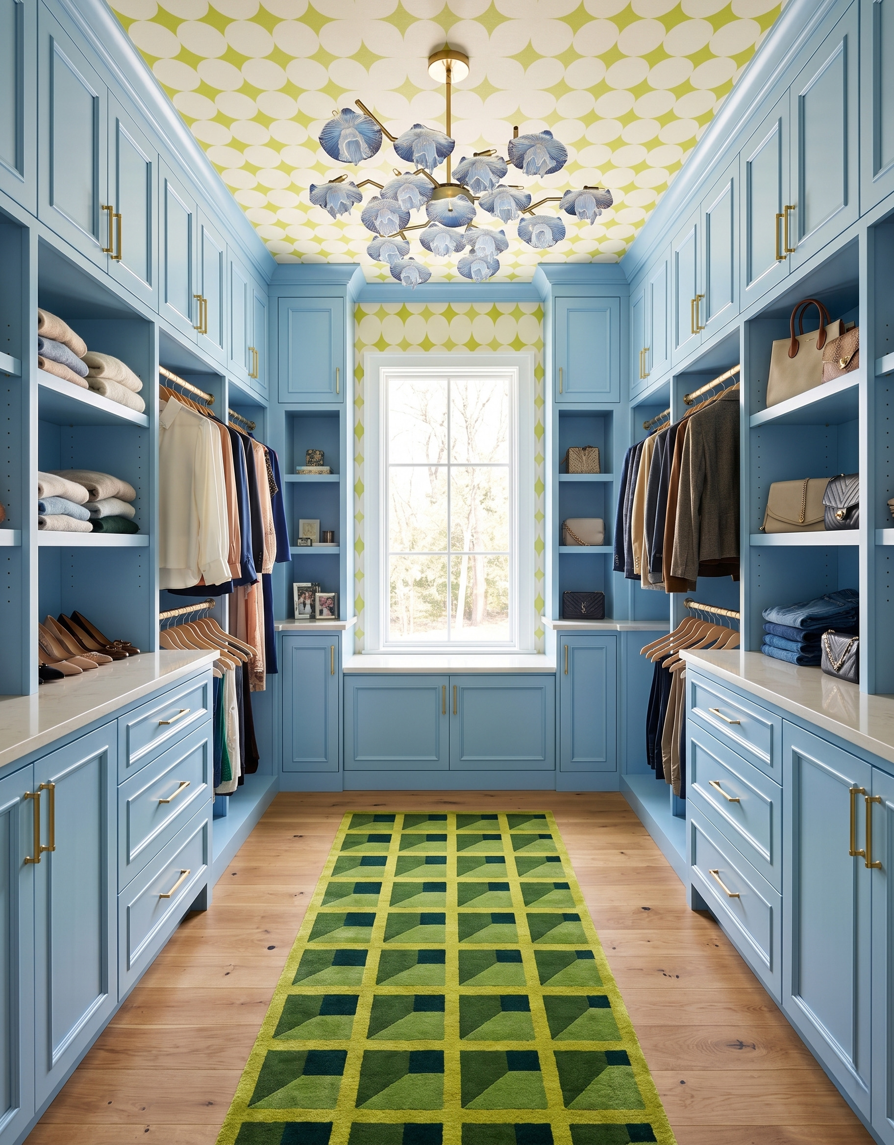 Green geometric runner with a repeating cube pattern in a pale blue closet with warm wood flooring and a blue glass flower light.