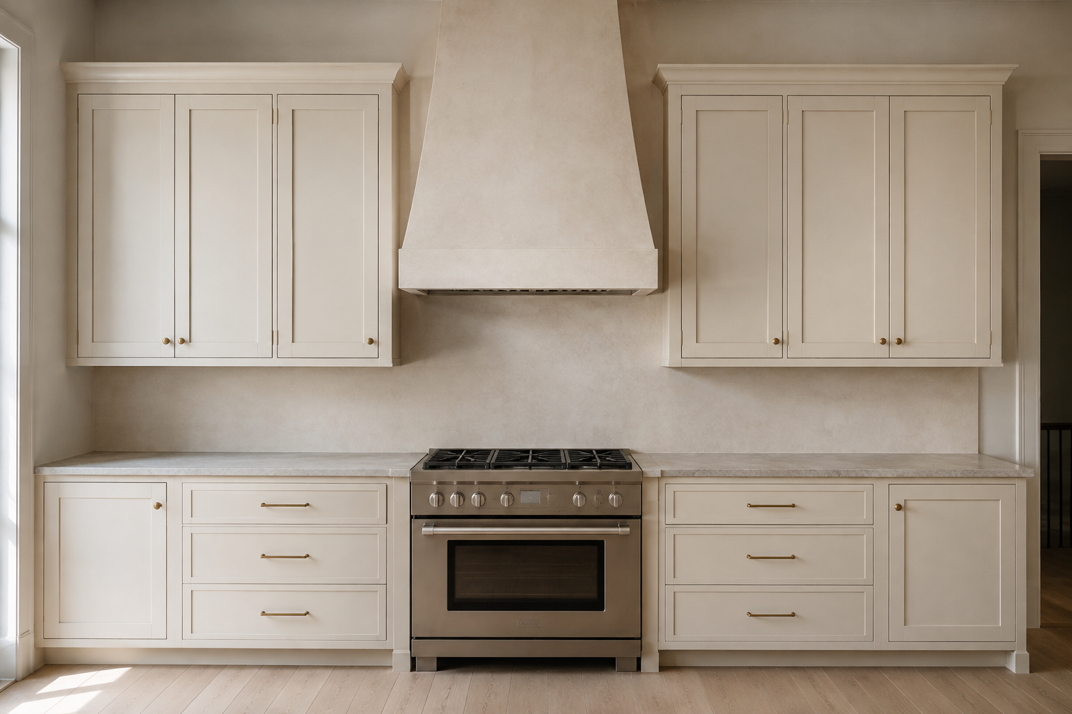 Two complete cream cabinet runs flank a centered plaster hood, with each crown line stopping cleanly before the hood.