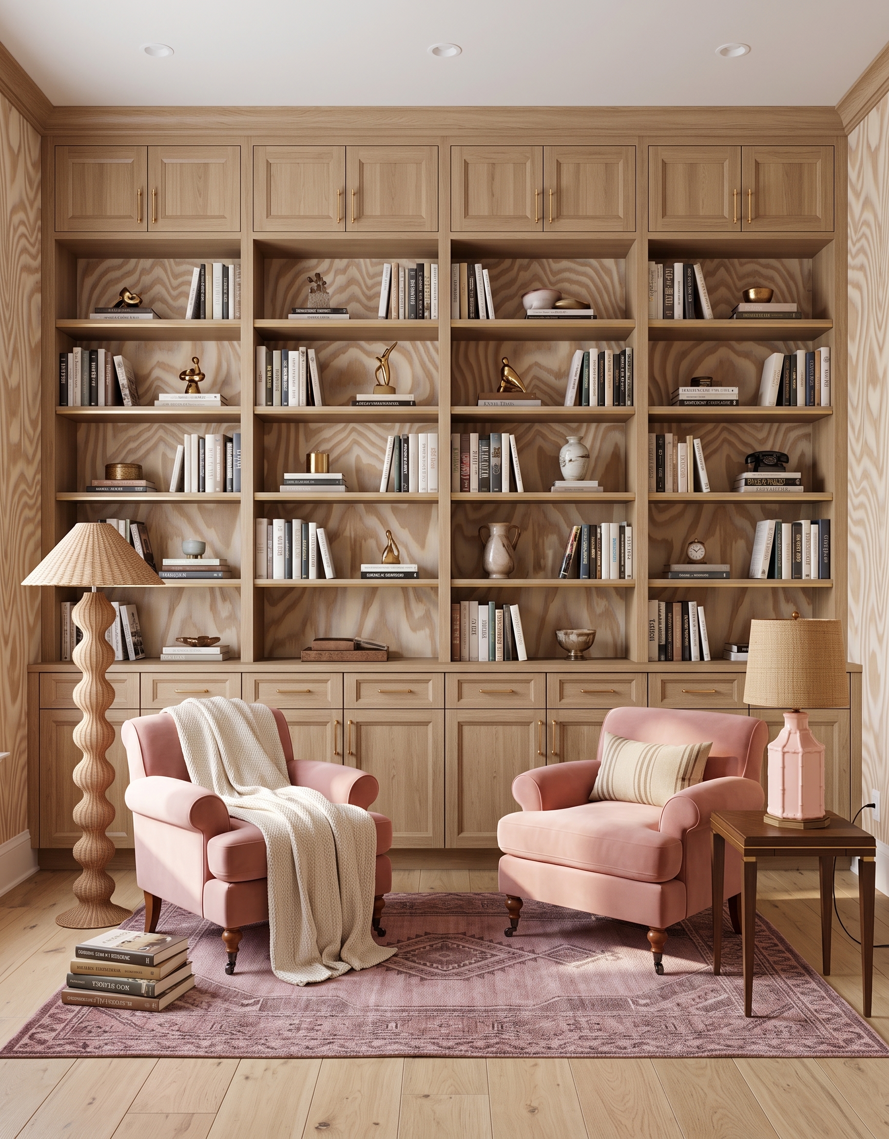 Light-wood library concept with flowing beige patterned shelf backs, two blush armchairs, woven lamps and a muted rose rug.