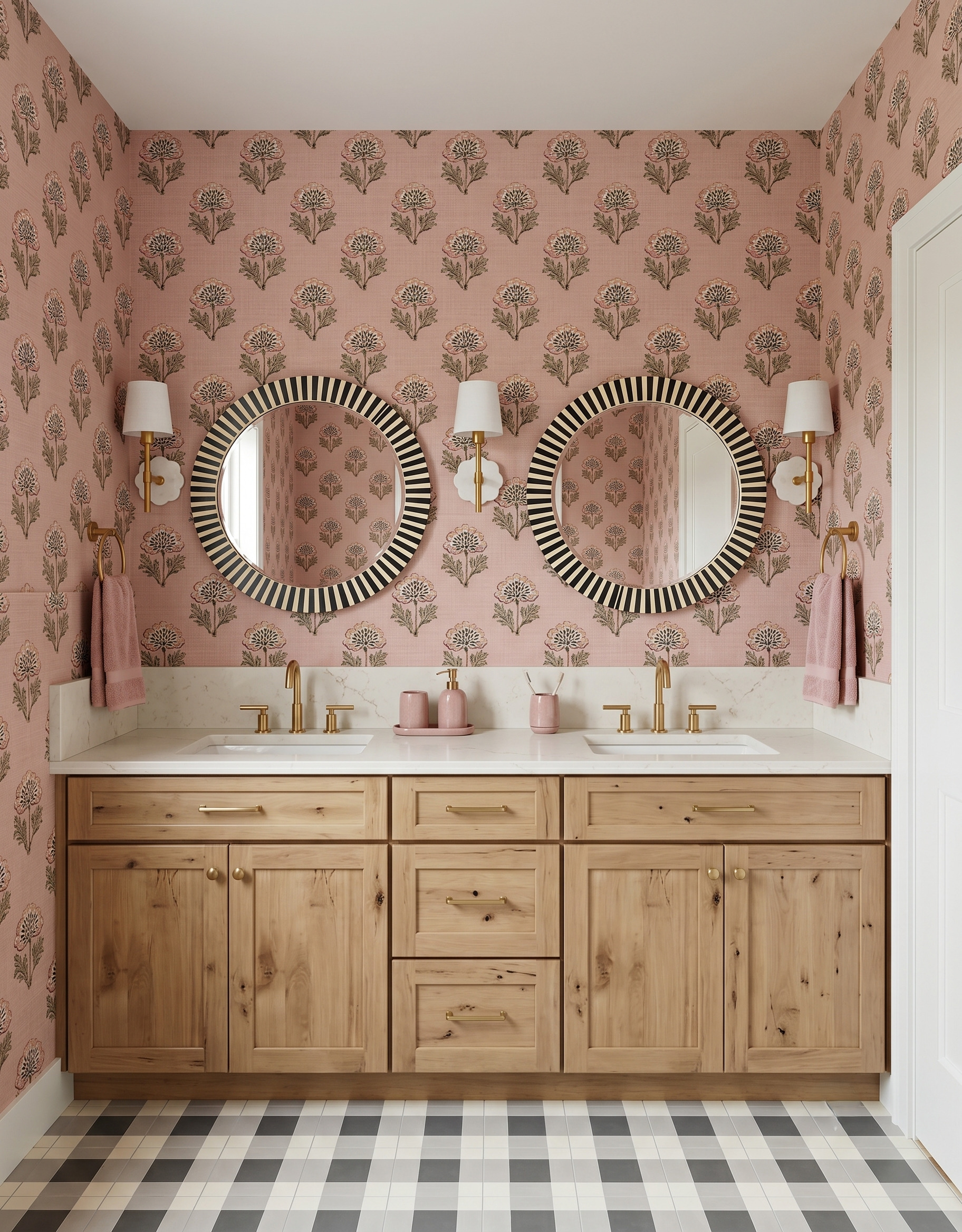 Knotty light wood double vanity with dusty pink floral wallpaper, round black-and-cream striped mirrors and white-shaded sconces.