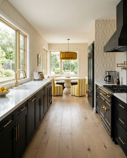 Black kitchen elements grounded by cheerful yellow surfaces and warm decorative color.