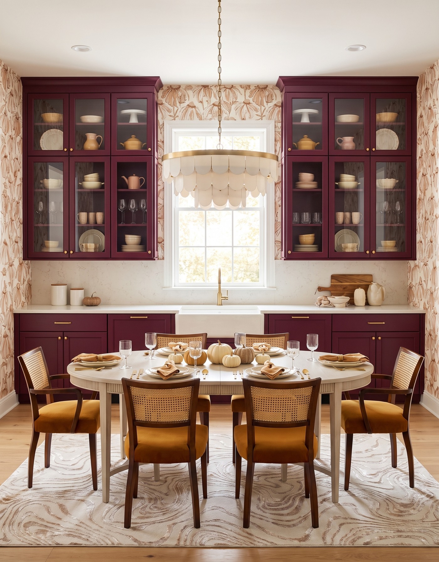 AI-created concept: Berry kitchen with cream-and-camel botanical walls, mustard cane-back chairs and a pale table with pumpkins and linen.