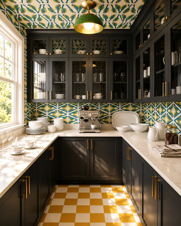 Concept image of a dark neutral pantry with glass-front upper cabinets, lower cabinets, and a pale work counter.