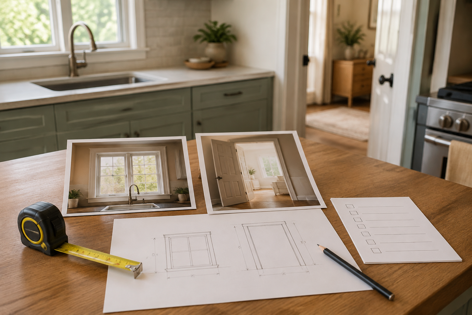 Opening sketches, verification photos, tape measure, pencil, and a simple checklist on a kitchen table.