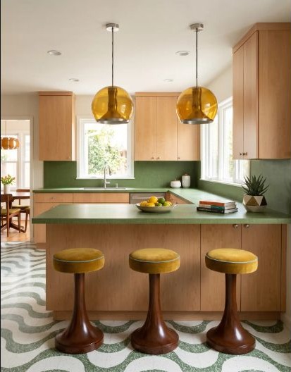 A green kitchen using clean-lined midcentury forms and warm wood details.