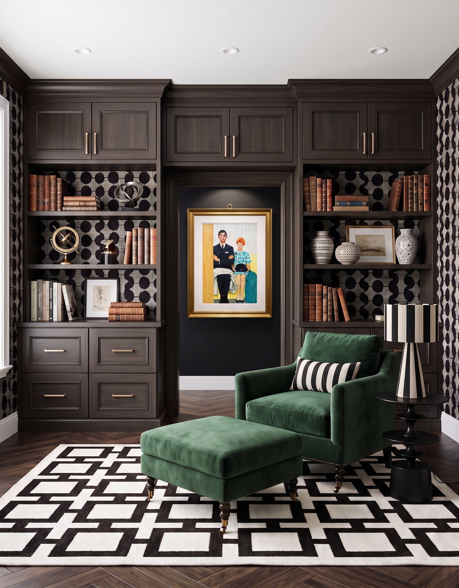 Dark-wood library concept with black-and-white patterned walls and rug, a green velvet chair and ottoman, a striped lamp and framed art.