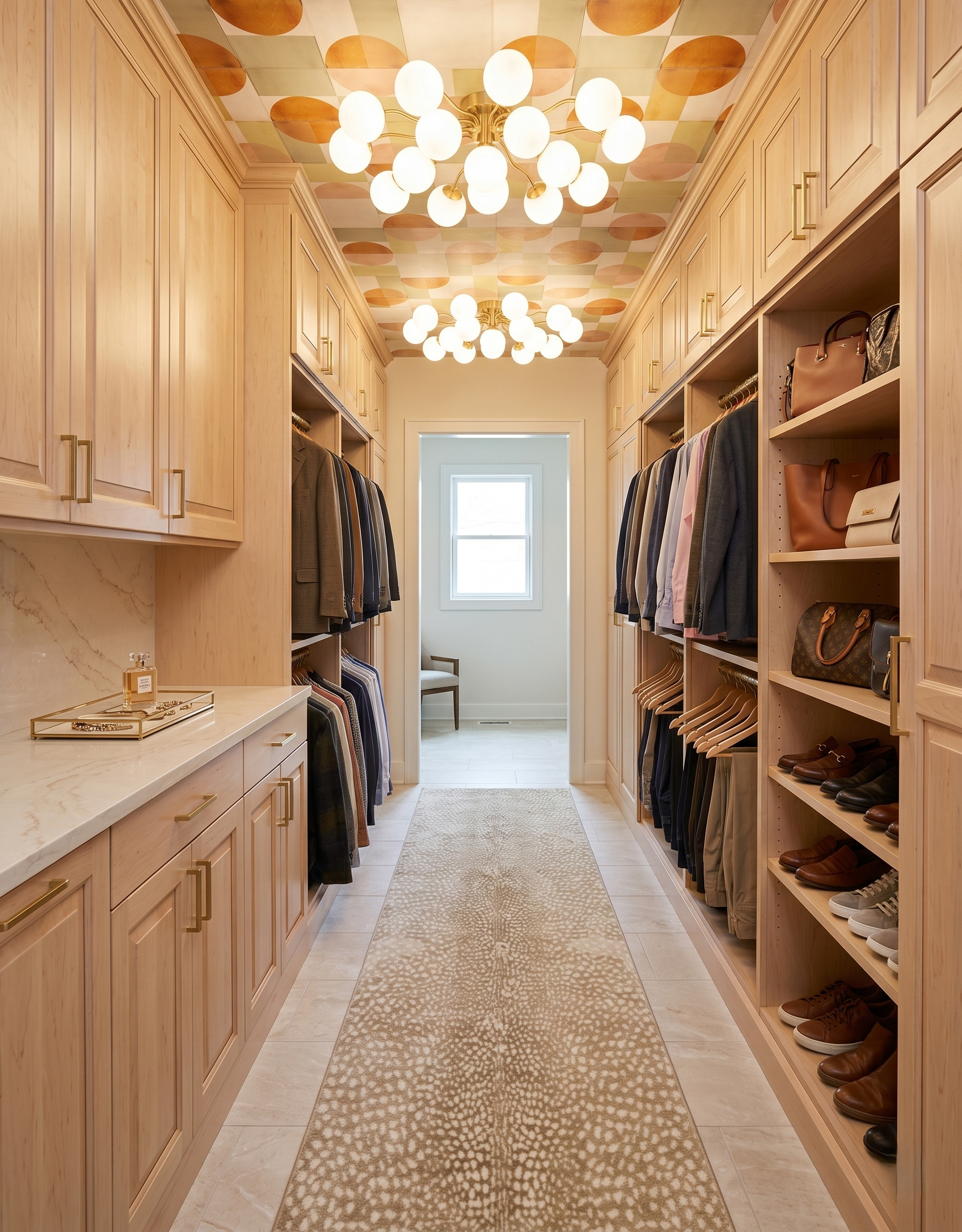 Two brass-and-white globe ceiling fixtures along a pale wood closet passage beneath an ochre geometric ceiling, with a neutral spotted runner.