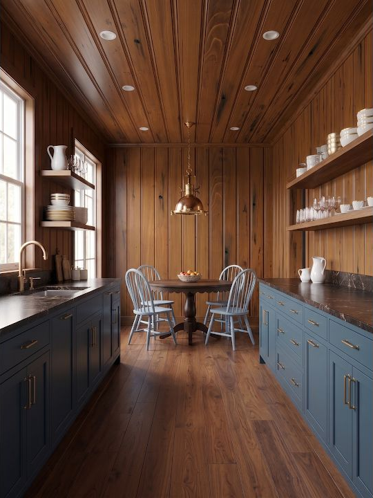 Concept image of a narrow wood-paneled galley kitchen with long windows, supported open shelves, and a paneled far wall.