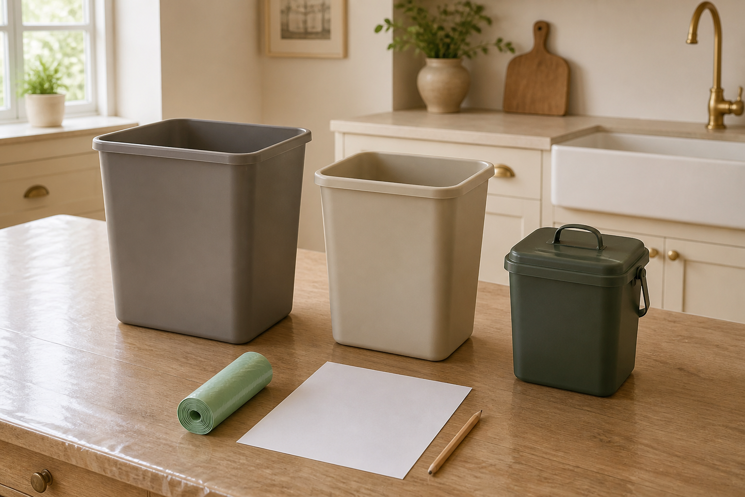 Three ordinary removable waste containers—two open bins and one smaller lidded compost caddy—grouped on a protected planning table.